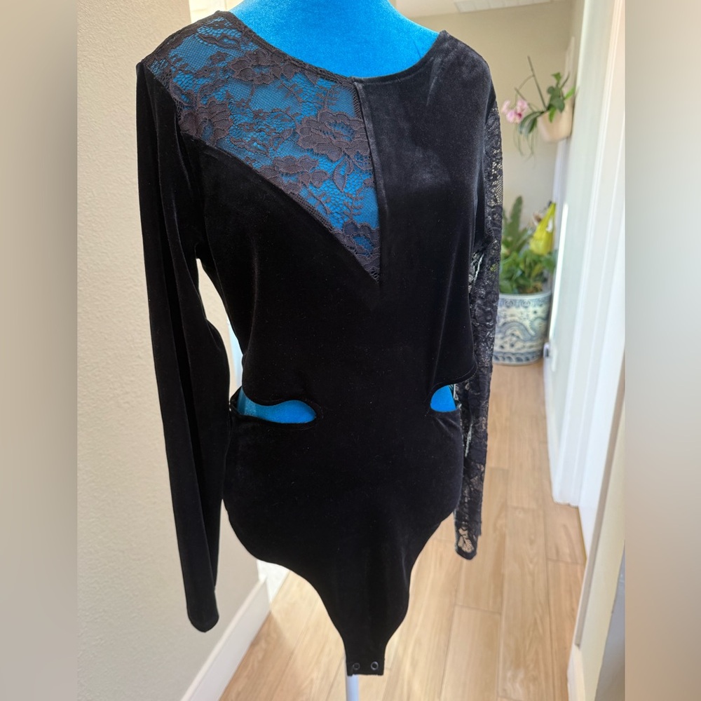 NWT-Express Black Velvet and Lace Cut Out Bodysuit